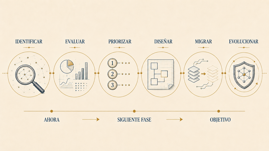 Hoja de ruta Quantum Safe con las fases Identificar, Evaluar, Priorizar, Diseñar, Migrar y Evolucionar.